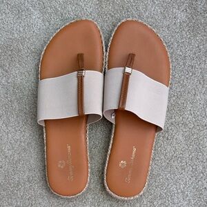 Tommy Bahama Tan Footbed Slide Sandals with Cream Fabric Band